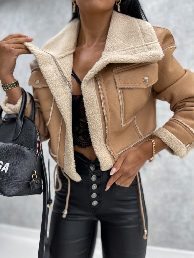 Shearling Lined Faux Leather Cropped Jacket 