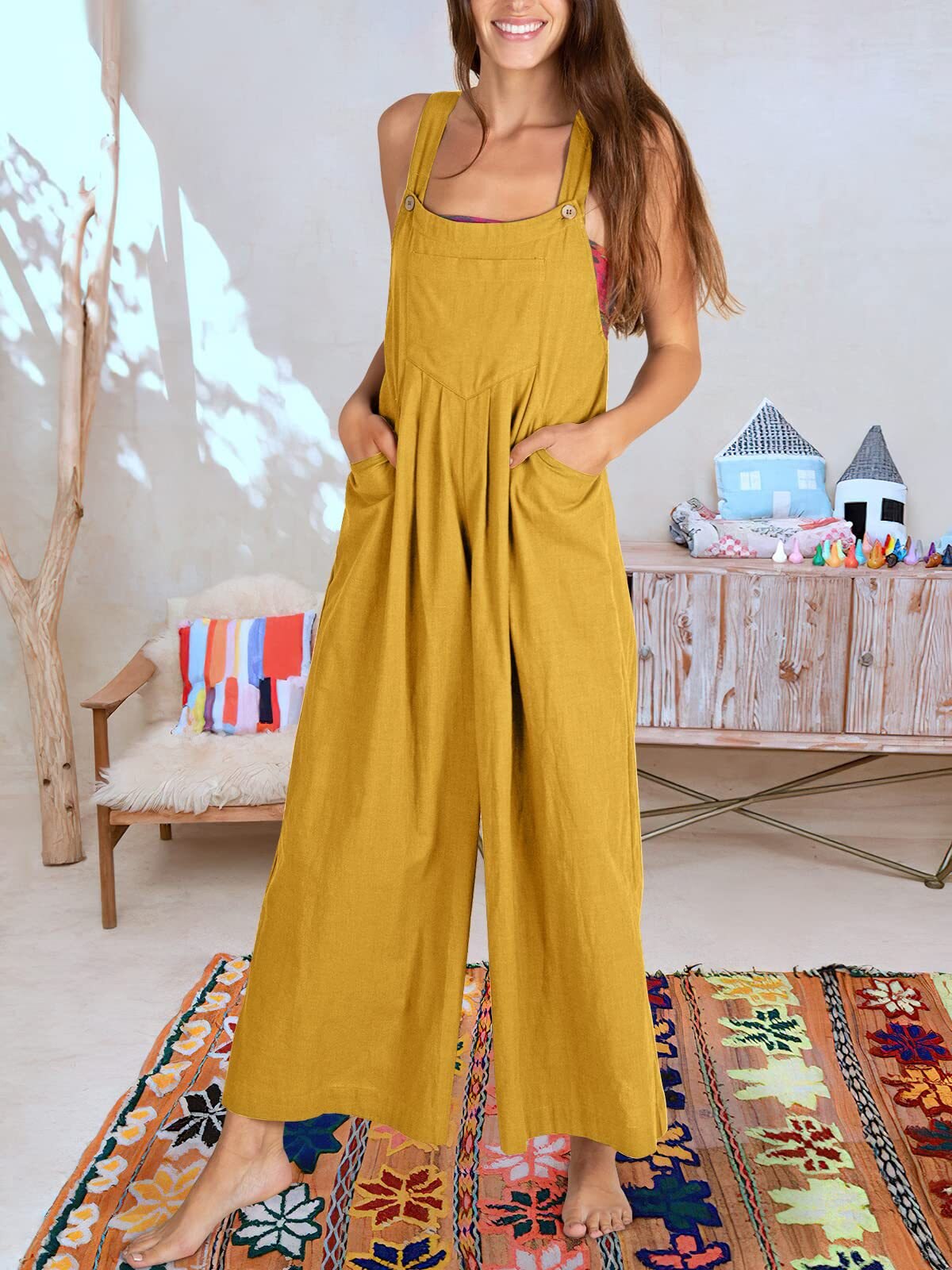 Women's Linen Jumpsuit - Loose Fit Wide-Leg - Sleeveless Adjustable Strap - Casual Wear