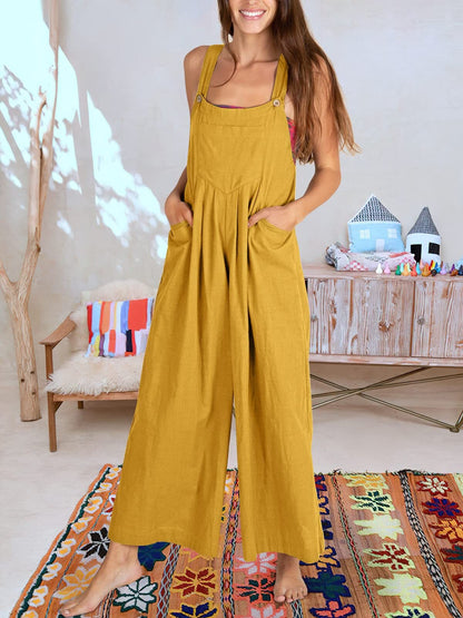 Women's Linen Jumpsuit - Loose Fit Wide-Leg - Sleeveless Adjustable Strap - Casual Wear