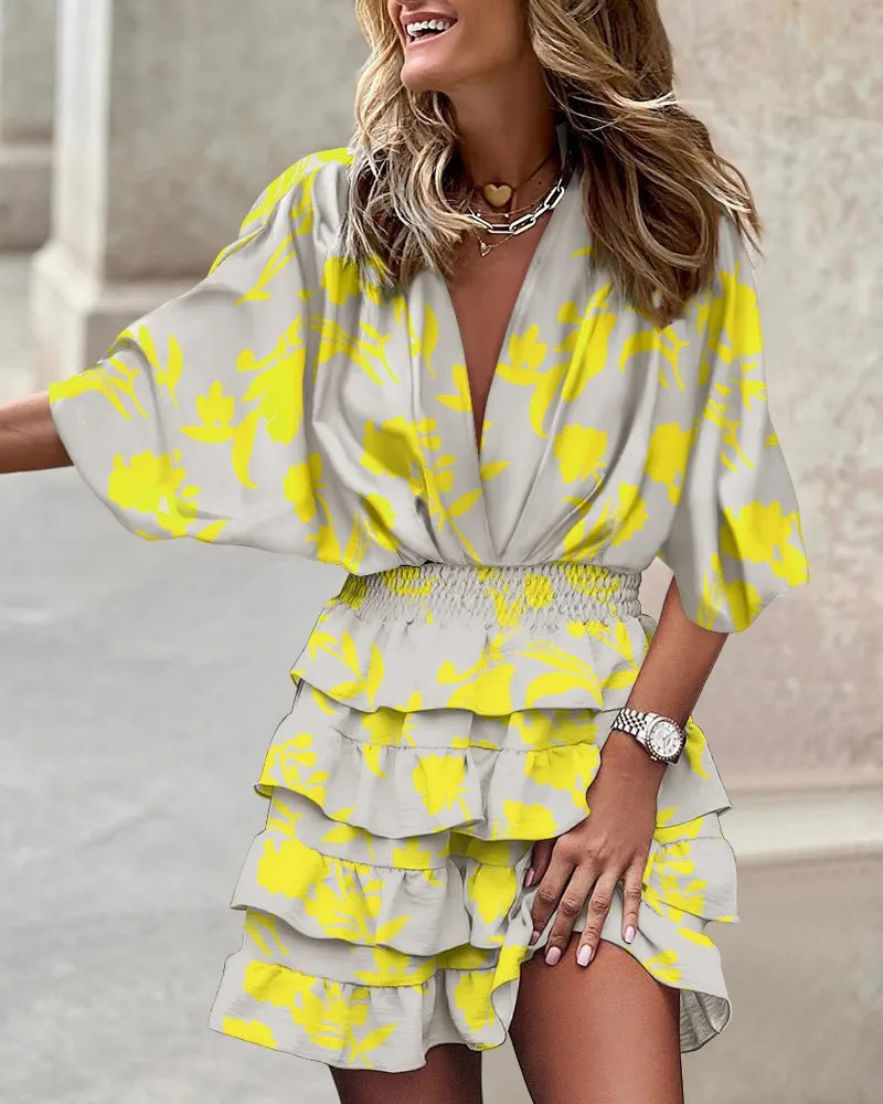 Women's V-Neck Wrap Dress - Tiered Ruffle Skirt - Elbow-Length Sleeves - Relaxed Fit