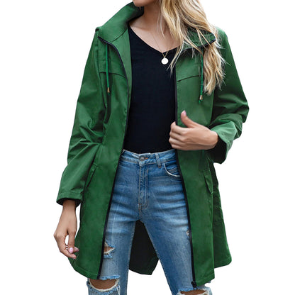 Women's casual hooded jacket with waist drawstring and pockets