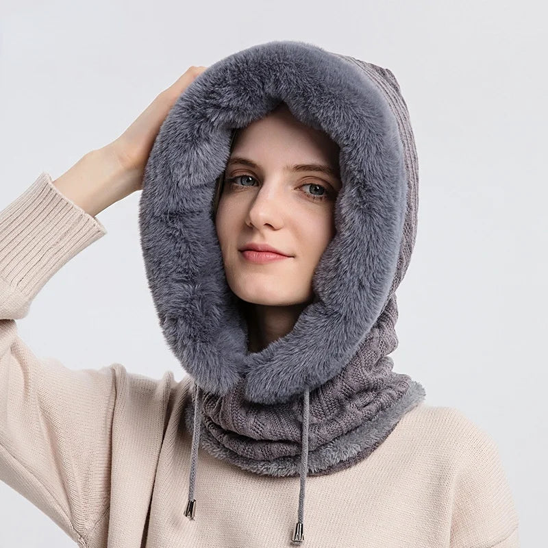 Amelia Fit Hooded Neck Warmer | Cable Knit Fur Trim Neck Warmer