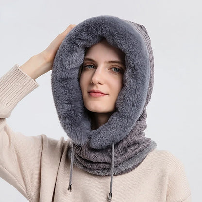 Amelia Fit Hooded Neck Warmer | Cable Knit Fur Trim Neck Warmer