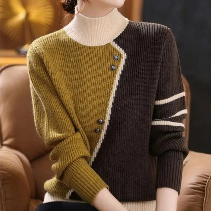 Women’s Knitted Sweater – Ribbed Turtleneck – Asymmetrical Button Design – Cozy Fit