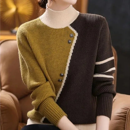 Women’s Knitted Sweater – Ribbed Turtleneck – Asymmetrical Button Design – Cozy Fit