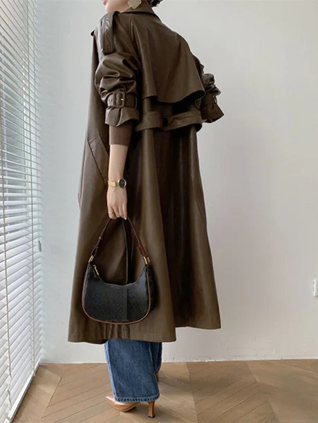 Leather Look Loose Fit Trench Coat 