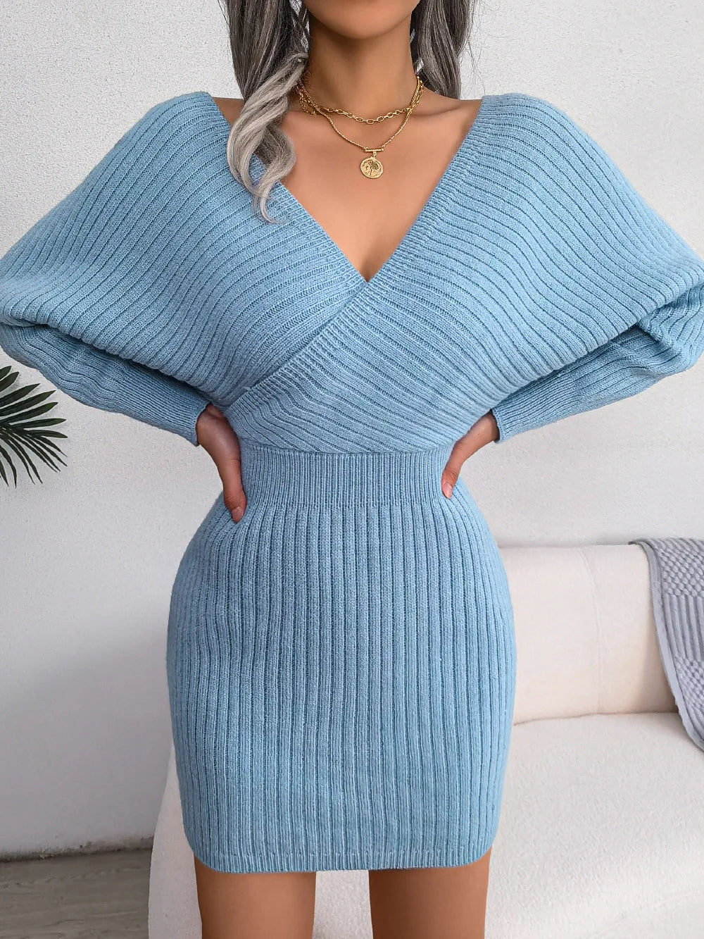 Women's Knitted Sweater Dress - Bodycon Fit - V-Neck - Ribbed Long Sleeve Mini Dress