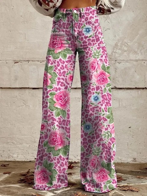 Wide-Leg Wild Rose Pattern Pants