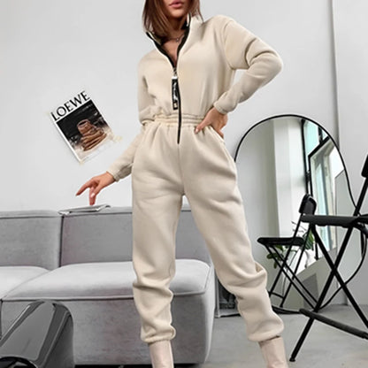 Women's warm fleece jumpsuit with zipper