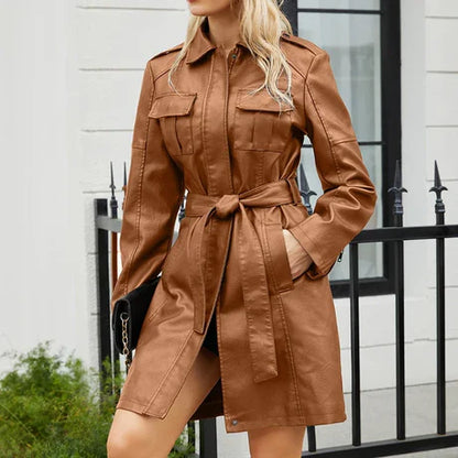 Women’s Mid-Length Jacket – Structured Fit – Faux Leather – Epaulets – Zipper Closure