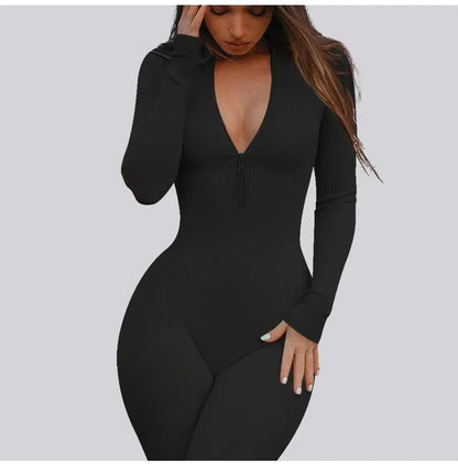 Women's Jumpsuit - Form-Fitting Stretch Fabric - Long Sleeve Zip Front - Casual Wear