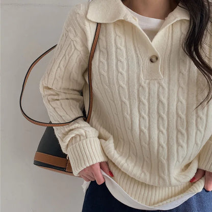 Women's Cable Knit Sweater - Soft Wool Blend - Collared with Button Placket