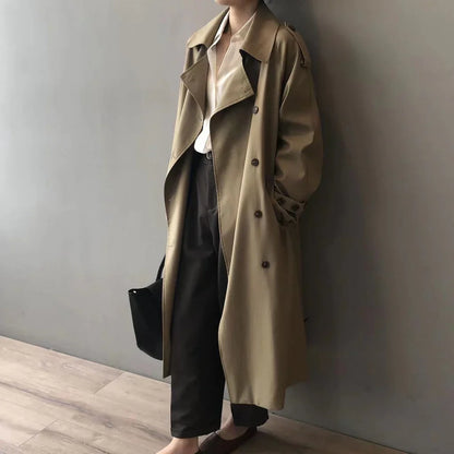 Women’s Trench Coat – Oversized Fit – Double-Breasted – Notched Lapels – Full Length