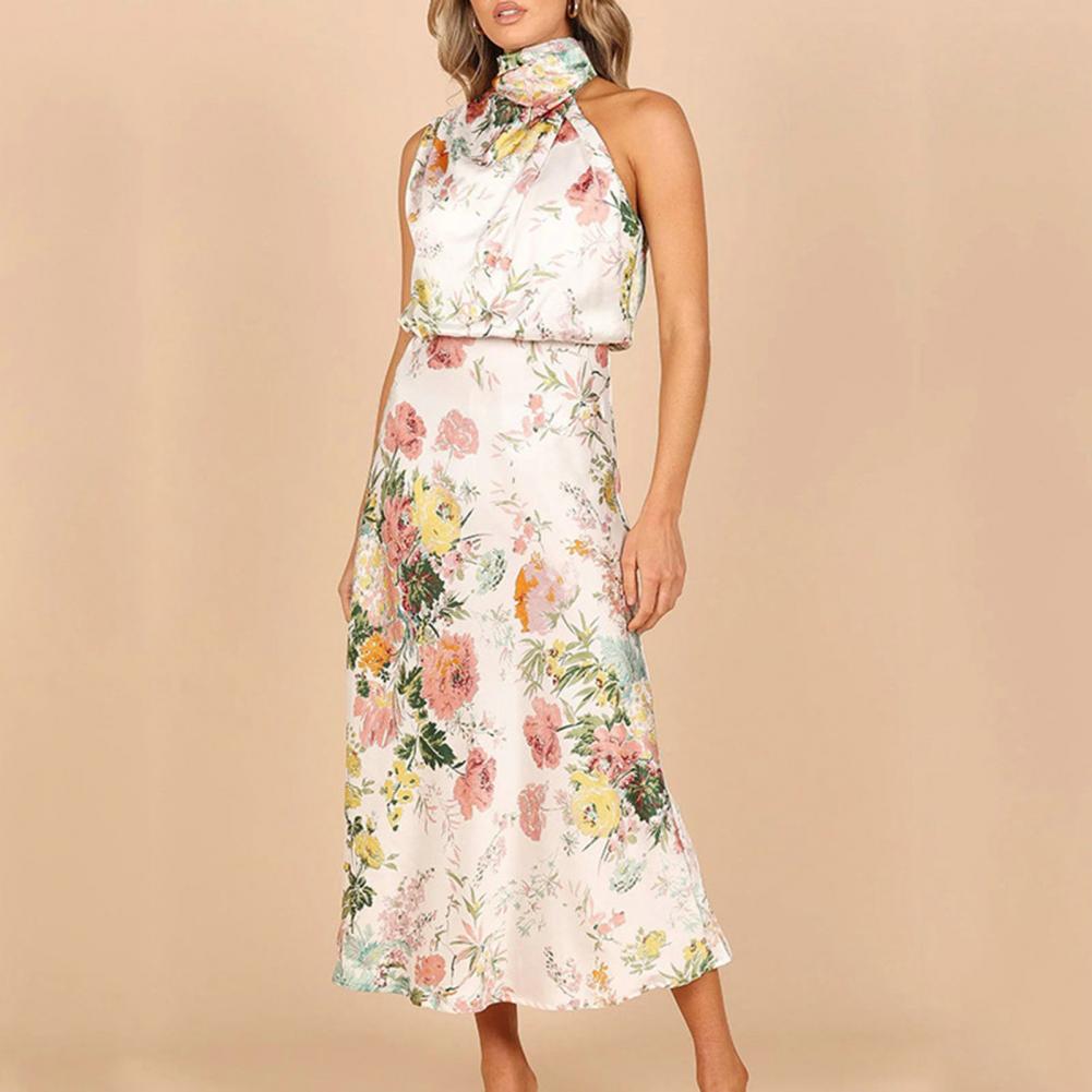 Women's Halter Neck Midi Dress - Sleeveless Flowing Fit - Elegant Floral Design