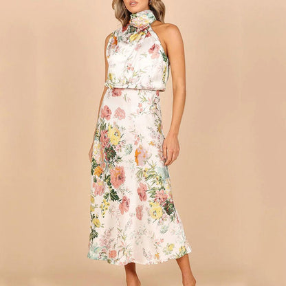 Women's Halter Neck Midi Dress - Sleeveless Flowing Fit - Elegant Floral Design