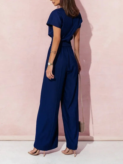 Women's Wide-Leg Jumpsuit - V-Neck Short Sleeve - Cinched Waist with Belt