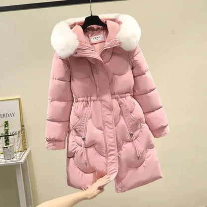 Women's winter midi-length hooded padded jacket with drawstring waist