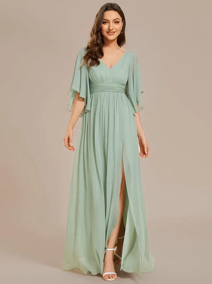 Women’s Evening Gown – Chiffon – Draped Fit – V-Neck – Flutter Sleeves – Side Slit