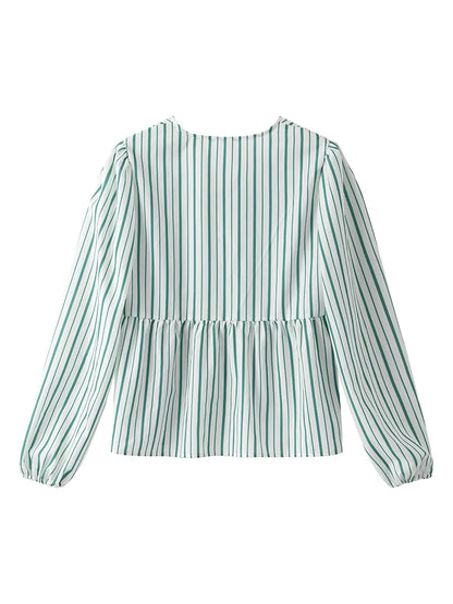 Women's Blouse - Puff Sleeve - Loose Fit - Striped Lightweight Tie-Neck