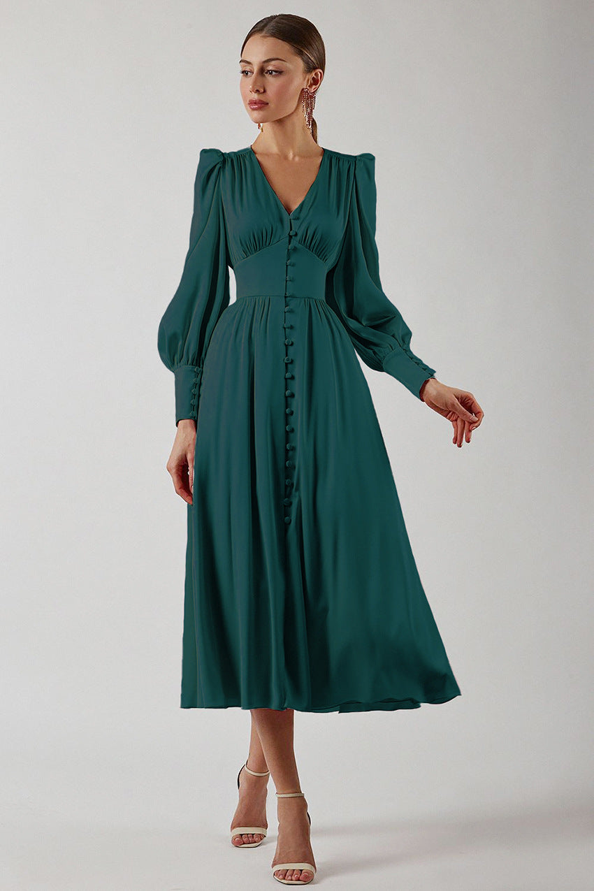 Women’s Midi Dress - Silky Satin Finish - V-Neck - Long Sleeve - A-Line Elegant Fit