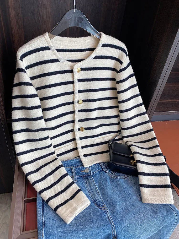 Soft waxy knitted striped sweater for women