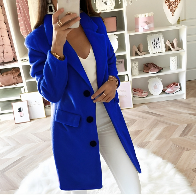 Women's elegant cozy winter lapel jacket with front pockets and big buttons