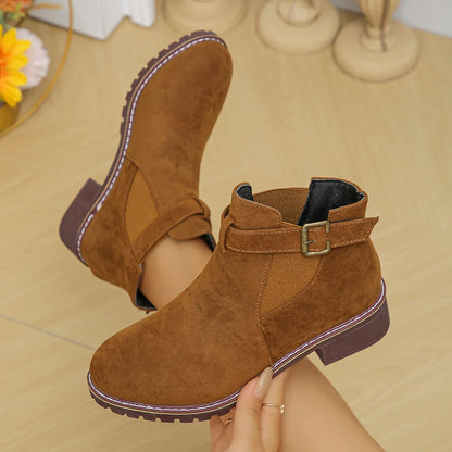 Women's casual mid-heel boots with chunky belt buckle style