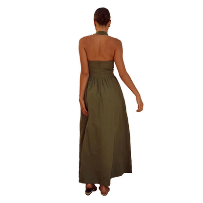 Women's halter neck backless dress with A-line midi skirt