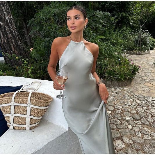 Elegant Satin Halter Neck Dress