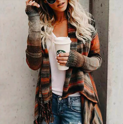 Women's scarf collar cardigan knit with tassels