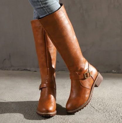 Knee-high buckle strap side zipper boots for women