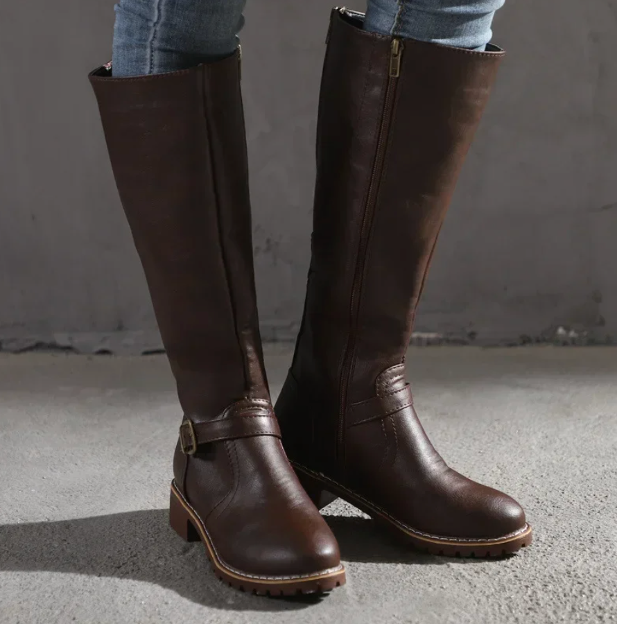 Knee-high buckle strap side zipper boots for women