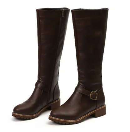 Knee-high buckle strap side zipper boots for women