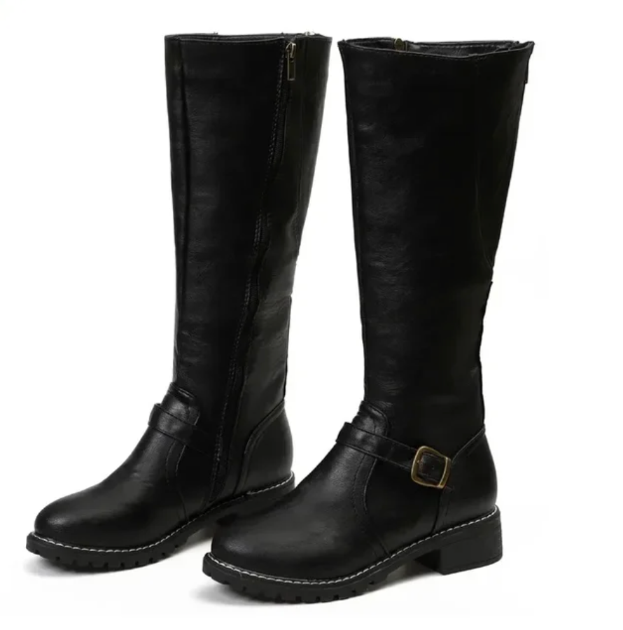 Knee-high buckle strap side zipper boots for women