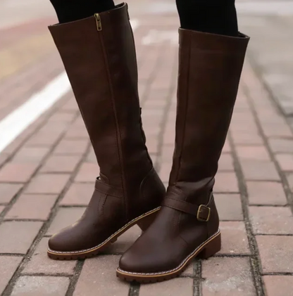Knee-high buckle strap side zipper boots for women