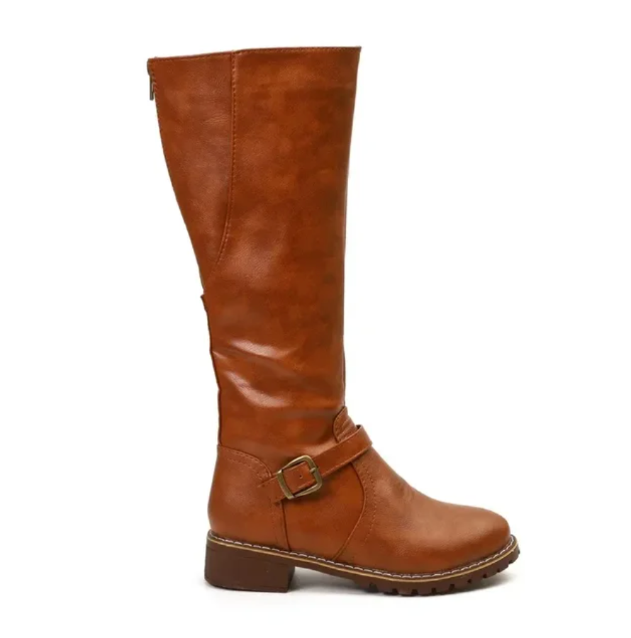 Knee-high buckle strap side zipper boots for women