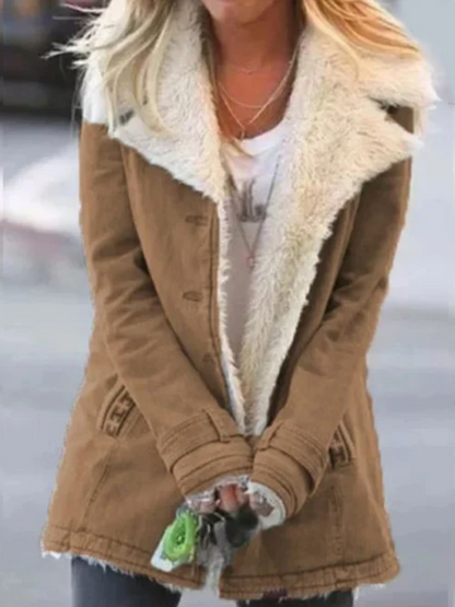 Warm long coat for women with lapel and button closure