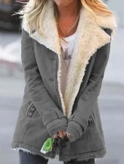 Warm long coat for women with lapel and button closure