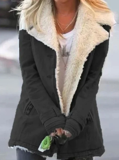 Warm long coat for women with lapel and button closure
