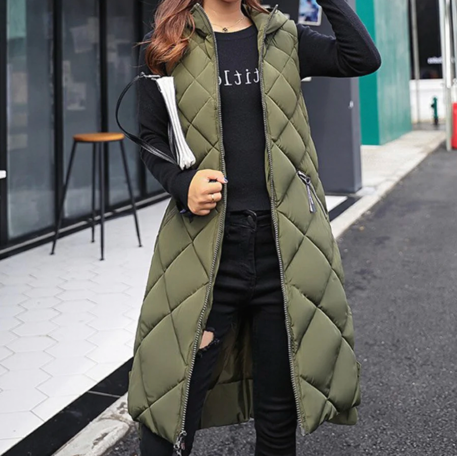 Loavies - long puffer style hooded body warmer for women