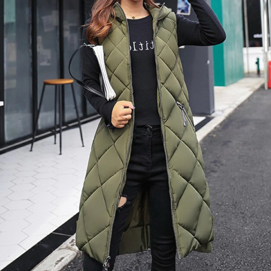 Long Hooded Relaxed Fit Quilted Vest 