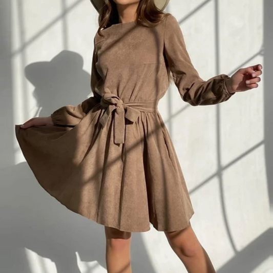 Women's Dress - Long Sleeve - Round Neck - Self-Tie Waist - Flared A-Line Silhouette