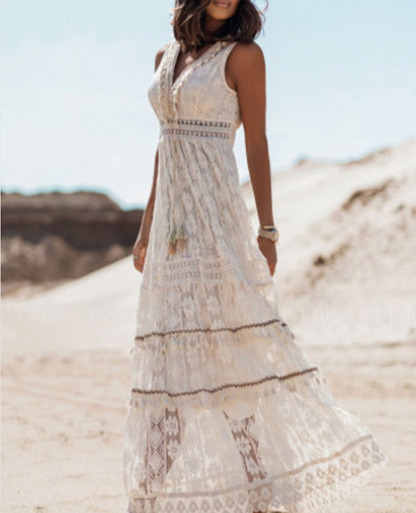 Women's Maxi Boho Dress - V-Neck Lace Embroidered - Sleeveless A-Line - High Slit Flowing Fit