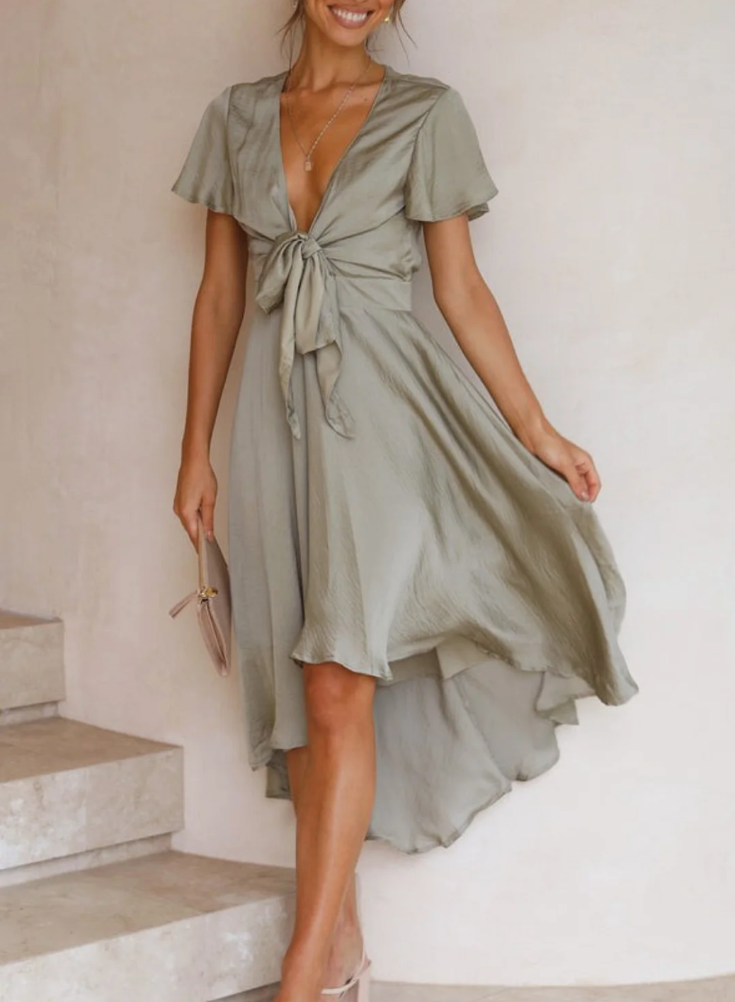 Deep V-Neck Bow Front Midi Dress