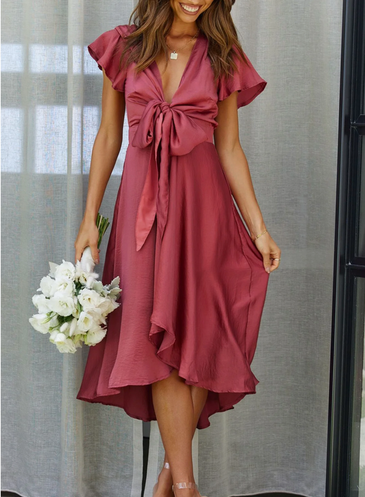 Deep V-Neck Bow Front Midi Dress