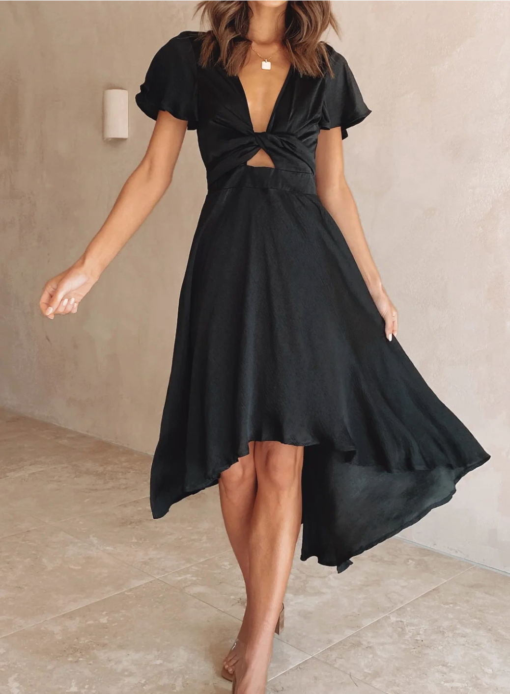 Deep V-Neck Bow Front Midi Dress