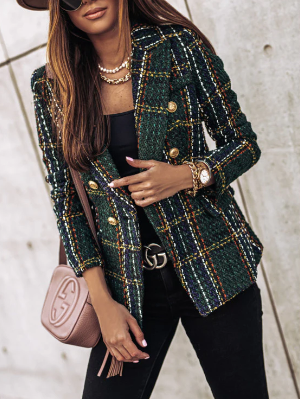 Women's plaid double-breasted printed blazer