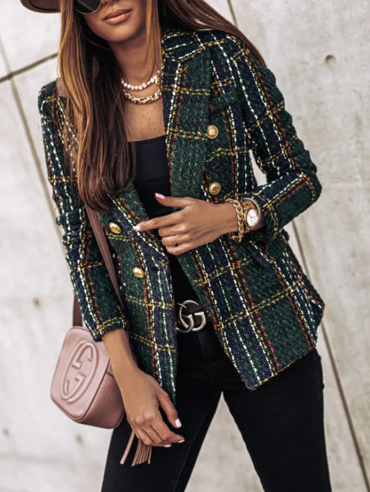 Printed Plaid Double-Breasted Blazer