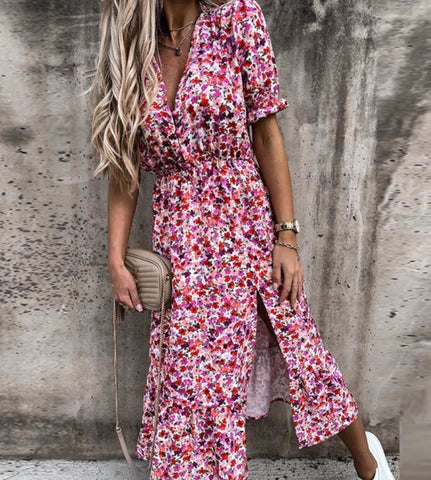 Women's Midi Dress - Floral Print - V-Neck - Short Sleeve - Elastic Waist - Side Slit
