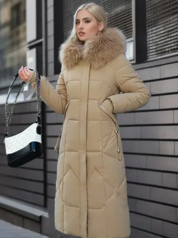 Women's  over-the-knee thickened cotton coat with large fur collar